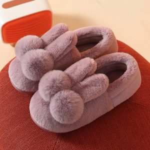 Rabbit Ears Plush Fur Pom Pom Slippers - Modakawa Modakawa