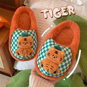 Cute Cartoon Tiger Plaid Plush Slippers - Modakawa Modakawa