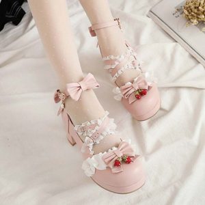 Lace Bow Lolita Kitten Heel Mary Janes Shoes - Modakawa Modakawa