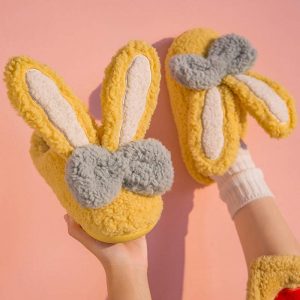 Rabbit Ears Bow Knot Plush Slippers - Modakawa modakawa