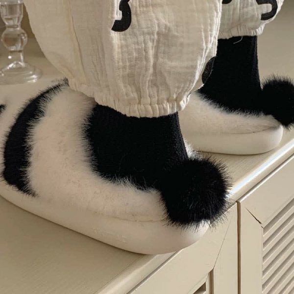 Lovely Cartoon Panda Fuzzy Ball Plush Slippers - Modakawa Modakawa