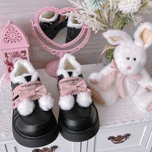 Platform Bow Knot Plush Lolita Mary Janes Shoes - Modakawa Modakawa