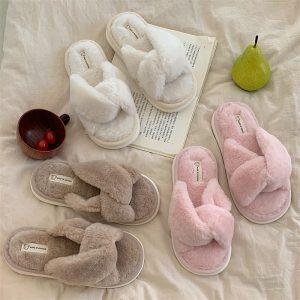 Pure Color Cross Casual Plush Slippers - Modakawa Modakawa