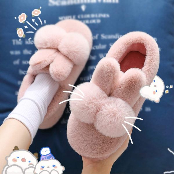 Rabbit Ears Plush Fur Pom Pom Slippers - Modakawa Modakawa