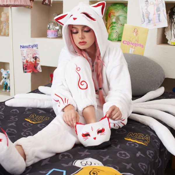 Nine-tailed Fox Plush Pajamas With Slippers Hooded Winter Sleepwear - Modakawa Modakawa