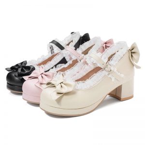 Bowknot Lace Round Toe Chunk Low Heel Mary Janes Shoes - Modakawa modakawa