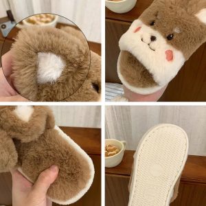 Lovely Cartoon Bear Colorblock Plush Slippers - Modakawa Modakawa