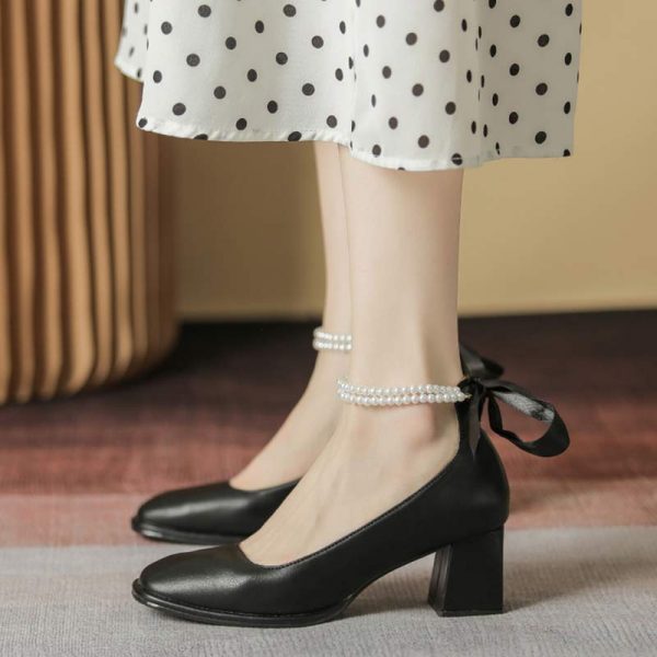 Pearl Bow Mary Janes High-heeled Shoes - Modakawa Modakawa