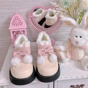 Platform Bow Knot Plush Lolita Mary Janes Shoes - Modakawa Modakawa