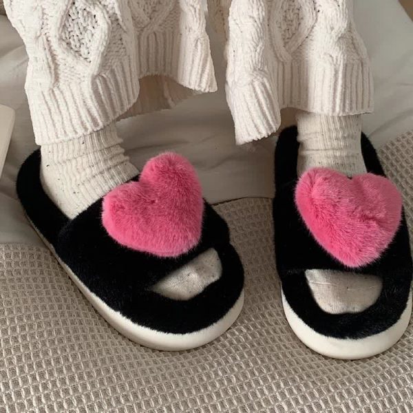 Cute Love Heart 3D Decor Plush Slippers - Modakawa Modakawa