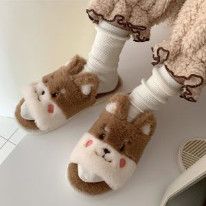 Lovely Cartoon Bear Colorblock Plush Slippers - Modakawa Modakawa