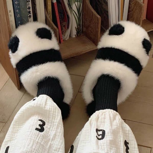 Lovely Cartoon Panda Fuzzy Ball Plush Slippers - Modakawa Modakawa