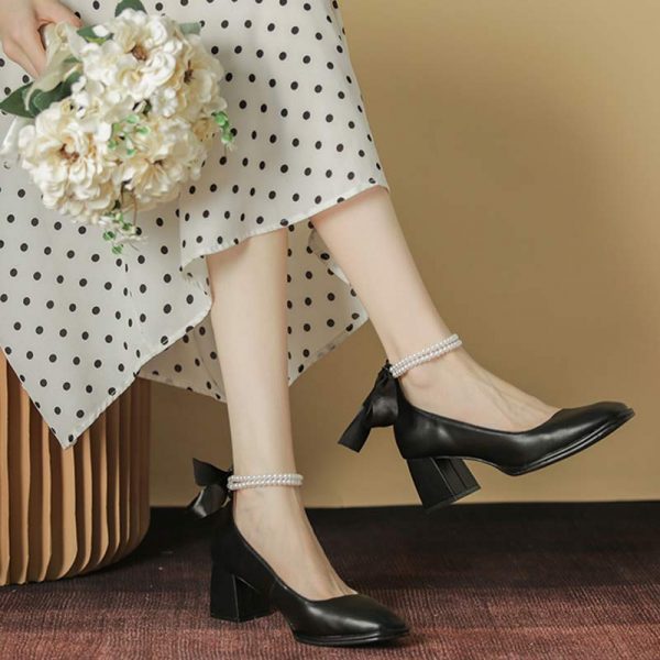 Pearl Bow Mary Janes High-heeled Shoes - Modakawa Modakawa