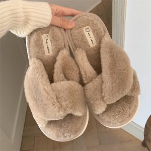 Pure Color Cross Casual Plush Slippers - Modakawa Modakawa