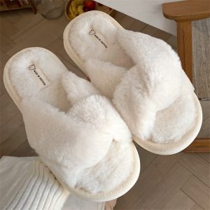 Pure Color Cross Casual Plush Slippers - Modakawa Modakawa