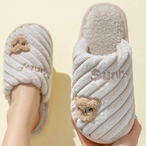 Cute Bear Letters Plush Slippers - Modakawa Modakawa