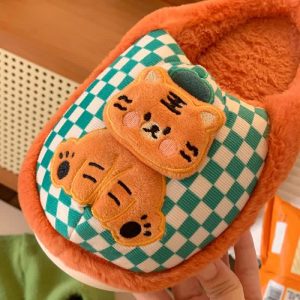 Cute Cartoon Tiger Plaid Plush Slippers - Modakawa Modakawa