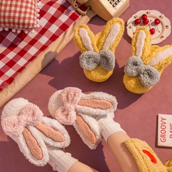 Rabbit Ears Bow Knot Plush Slippers - Modakawa modakawa