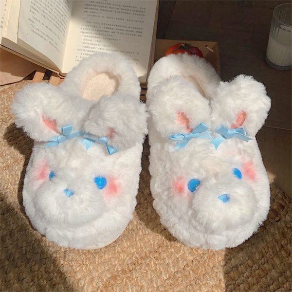 Cute Bow Knot Cartoon Bunny Plush Slippers - Modakawa Modakawa