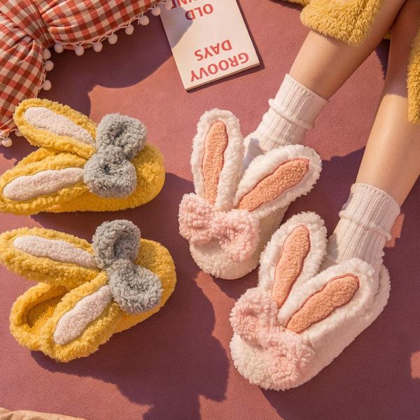 Rabbit Ears Bow Knot Plush Slippers - Modakawa modakawa