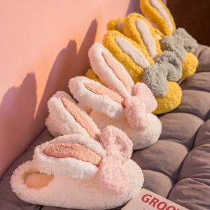 Rabbit Ears Bow Knot Plush Slippers - Modakawa modakawa