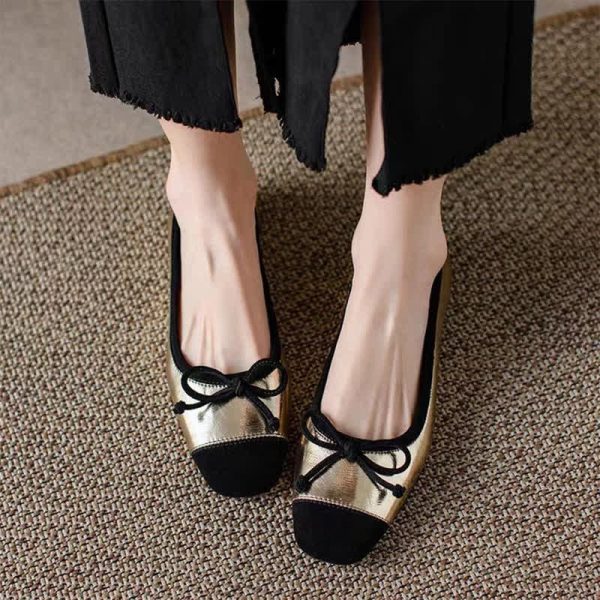 Sqaure Toe Bowknot Colorblock Mary Janes Flats Shoes - Modakawa modakawa